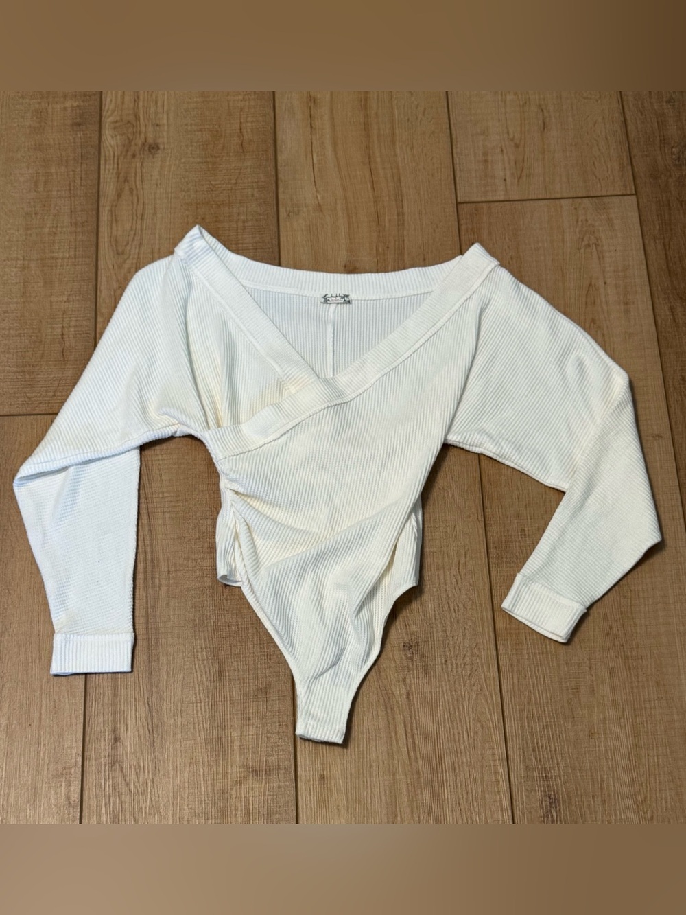 Free People Intimately Ivory Ribbed Wrap Long Sleeve Bodysuit Size S NWT